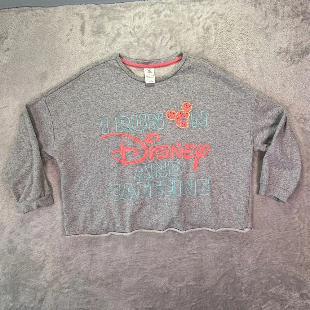 Disney Women Sweatshirt L Gray I Run On Disney An Caffeine Drop Shoulder Raw Hem - Picture 5 of 7
